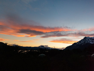 Sunset Over Cuernos Campsite in Torres del Paine National Park, Patagonia Chile