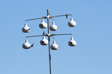 Fototapeta na wymiar Bird Houses suspended on a pole with blue sky