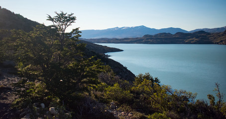 Fototapeta na wymiar Pehoe Lake in Torres del Paine National Park, Patagonia Chile