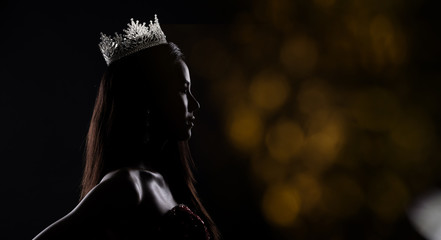 Portrait of Miss Pageant Beauty Contest in sequin Evening Ball Gown long dress with sparkle light...