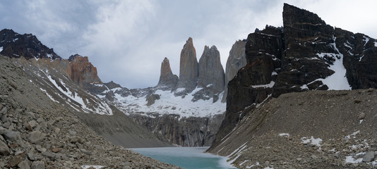 Laguna torres with the towers at sunset Torres del Paine National Park, Patagonia Chile