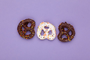 Group of stale, frezer burned chocolate pretzels