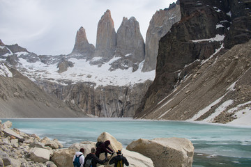 Fototapeta premium Los Torres, The Towers Base with aqua water Torres del Paine National Park, Patagonia Chile