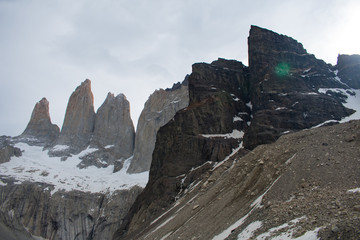 Los Torres, The Towers Base with aqua water Torres del Paine National Park, Patagonia Chile