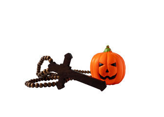wooden cross with jack o lantern , Halloween concept