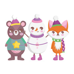 bear fox and snowman with hats and scarf merry christmas