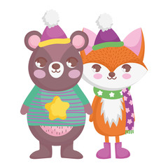 cute bear and fox with hat and scarf