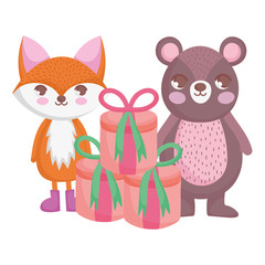 cute bear and fox with gifts merry christmas