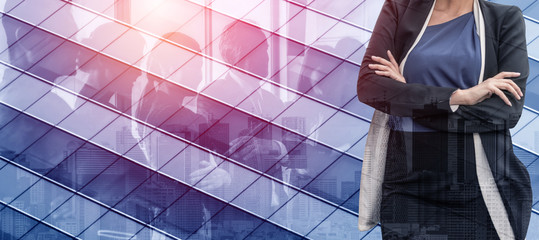 Double Exposure Image of Success Business People on abstract modern city background. Future...
