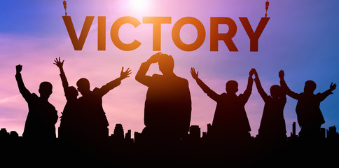 Achievement and Business Goal Success Concept - Creative business people with icon graphic...