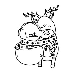 reindeer and snowman with scarf celebration merry christmas thick line