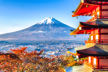 Fuji Mountain and Chureito Pagoda in Autumn, Japan