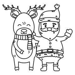 santa and reindeer with scarf celebration merry christmas thick line
