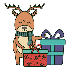 reindeer with gift boxes celebration merry christmas