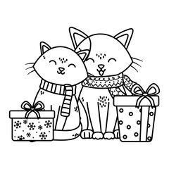 cute couple cat with gifts celebration merry christmas thick line