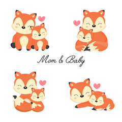 Set of little fox and mother.  Woodland animal cartoon.
