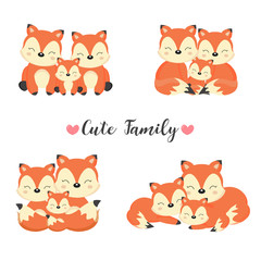 Happy animal family. Dad, mom, baby foxes cartoon. 