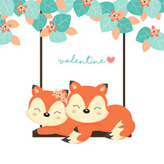Valentine's Day Cards. Couple foxes on swing in the forest.