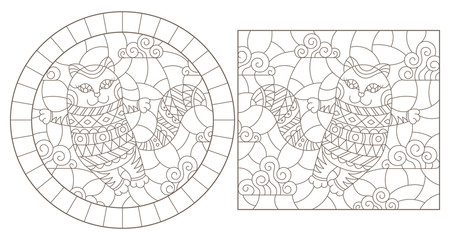 Obraz premium Set of contour illustrations of stained glass Windows with cute cartoon cats on a cloud background, dark contours on a white background