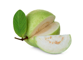 whole guava fruit with leaf isolated on white background