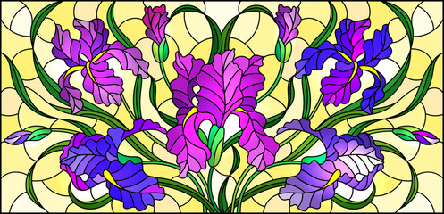 Illustration in stained glass style with purple bouquet of irises, flowers, buds and leaves on yellow background