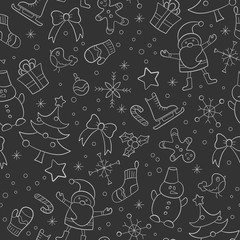 Seamless pattern on the theme of New year and Christmas, simple hand-drawn contour light icons on a dark background