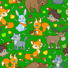Seamless pattern with cartoon forest animals, bright beasts on a green background