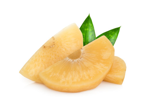 breadfruit in syrup with green leaf isolated on white background