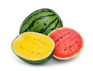 whole and half yellow and red watermelon isolated on white background