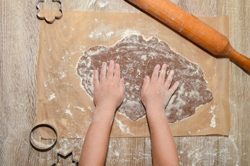 Children's hands roll out the dough for New Year's cookies.