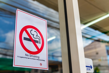 No smoking sign at glass door of the store.
