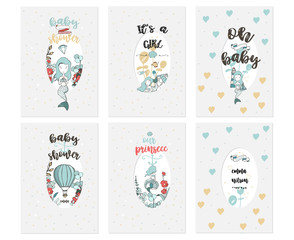 Cute Baby Shower card of little mermaid hand drawn girlish isolated cartoon illustration. For greeting, invite, celebration set postcard.