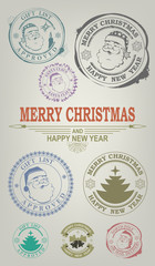 Christmas stamp with the face of a merry Santa Claus, set