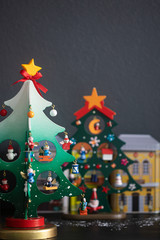 Fototapeta premium Christmas tree wooden toy decoration on gray background.