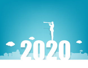 Young manager looking success at standing above numbers 2020. Concept business vector illustration. Flat silhouette style.