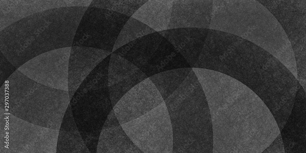 Wall mural black abstract background with gray circle curves and striped lines or ribbon shapes layered in abst