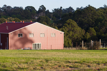 Obraz premium Bright Red Australian Farm House In A Grassy Farm Field On A Sunny Morning In The Bush