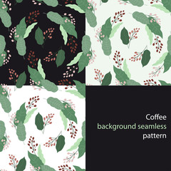 Materiał do szycia Coffee background seamless pattern set. Coffee tree branch with grains. Fine texture for fabric textile interior wallpaper tile gift wrap backdrop surface print cover.1