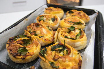 Homemade Pizza Cheesy Vegetable Scrolls Baked In A Family Kitchen Straight From The Oven With Fresh Healthy Ingredients