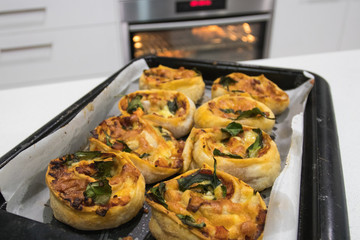 Homemade Pizza Cheesy Vegetable Scrolls Baked In A Family Kitchen Straight From The Oven With Fresh Healthy Ingredients