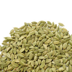 Green cardamom pods on white background