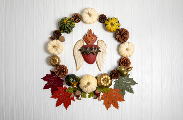 Autumn Fall Wreath, pumpkins dry nature and heart in the middle