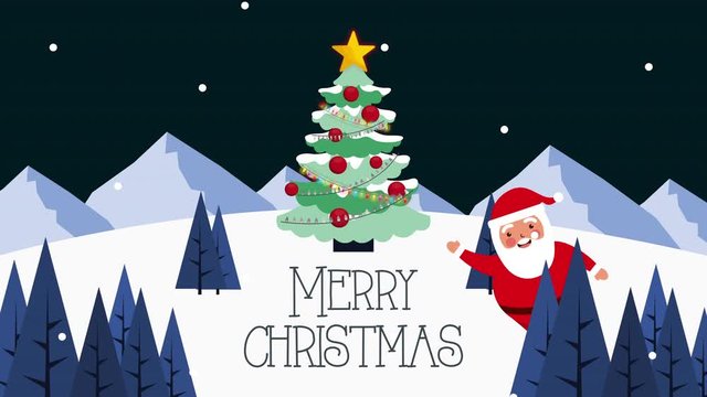 happy merry christmas card with santa claus and tree