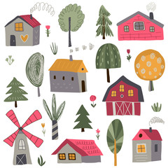 Vector collection of cute hand drawn country houses, trees.