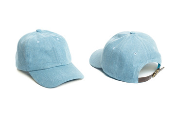 blue Baseball cap isolated on white background. Front and back view.