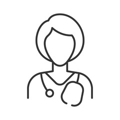 Simple linear medic icon on a white background. Doctor woman with short hair. Gray lines. Phonendoscope on the shoulders. Without a face.