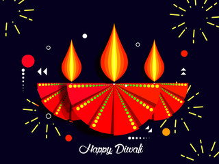 Fototapeta na wymiar Diwali festival of lights typographic design with paper cut Indian Rangoli, bunting flags and diya - oil lamp. colourful background. Vector illustration.