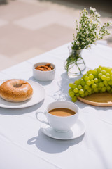Obraz na płótnie Canvas breakfast with coffee bread and fruit