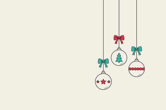 Christmas balls hanging on white background with copyspace. Decoration. Vector