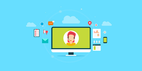 Crm - customer relation management, customer service, crm software system. Flat design banner template presentation.